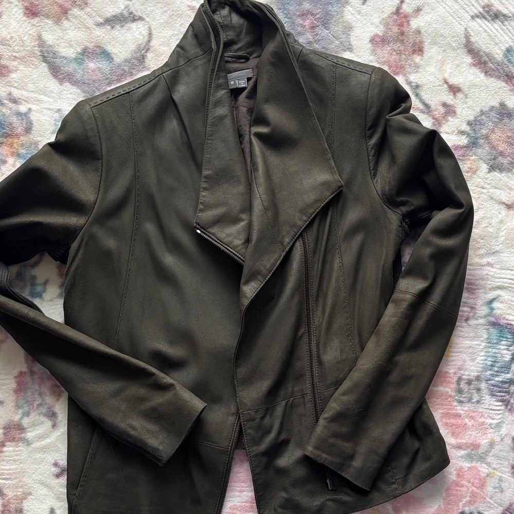 Vince Womens Olive Green Draped Leather Jacket Size M